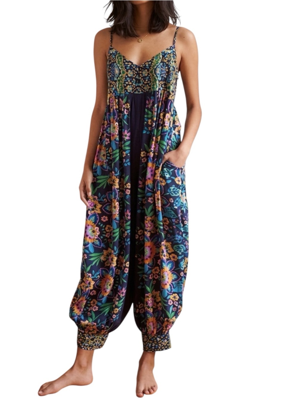 Anthropologie Vega Lounge Rio Harem Leg Boho Jumpsuit Navy Blue Size Small